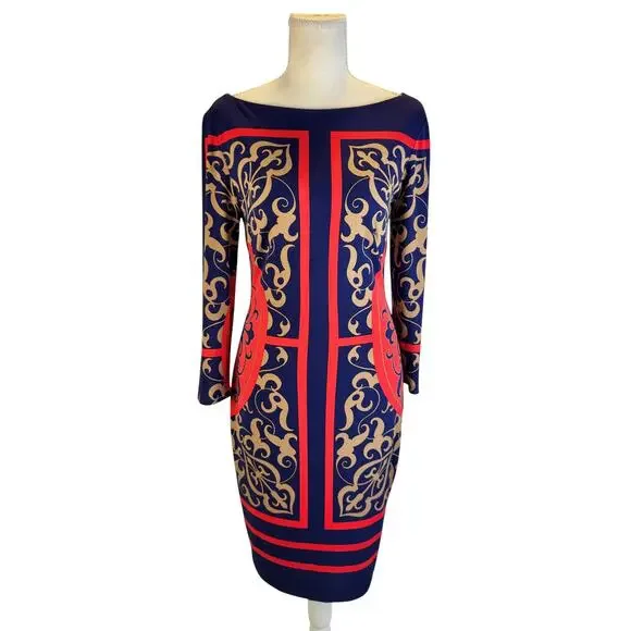 Cache Bodycon Sheath Dress Baroque Navy Red Women’s Medium Boat Neck Geometric - Picture 1 of 16